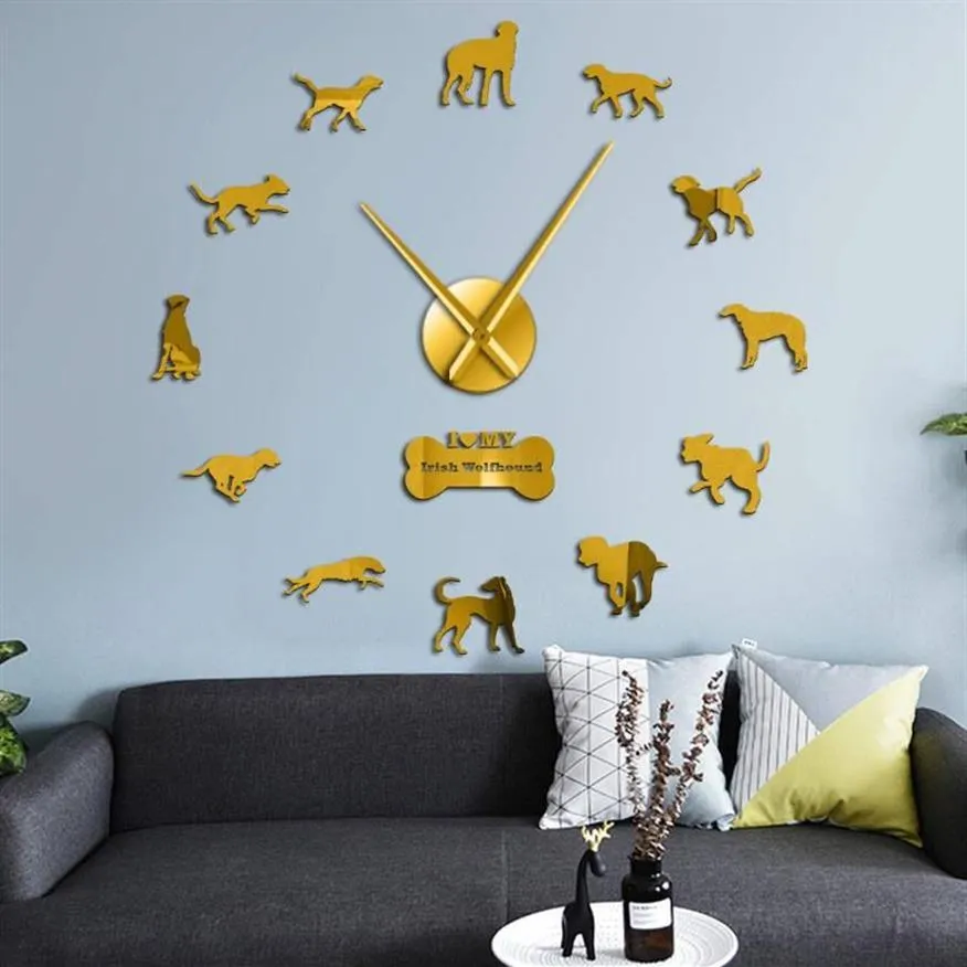 Wandklokken Ierse Wolfshond Hond Giant DIY Klok Huisdier Dier Frameloze 3D Horloge Spiegel Stickers290Z