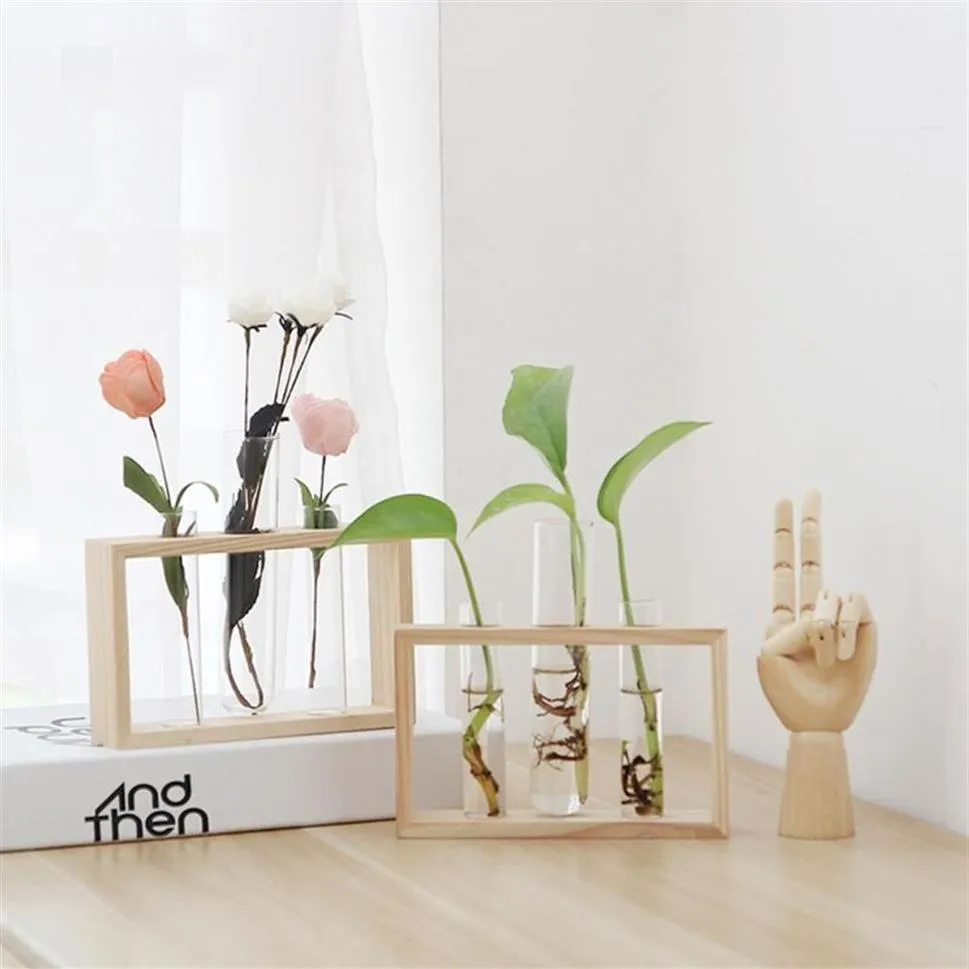 Vases Home Creative Test Tubes Glass Planter Terrarium Flower Vase With Wooden Holder Propagation Hydroponic Plant Table Ornaments260Y