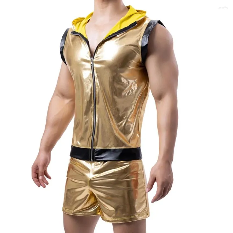 Herrspårar Mens Gold Shiny Tight Leather Tank Tops Boxer Briefs Shorts Clubwear Set Suit Nightclub Stage Party Jackets Costume