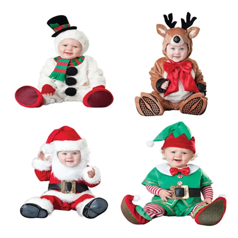 Kläder set klassiska julkläder babykläder pojke tjej barn romper hat cap set jultomten snögubbe spädbarn kostym 231122