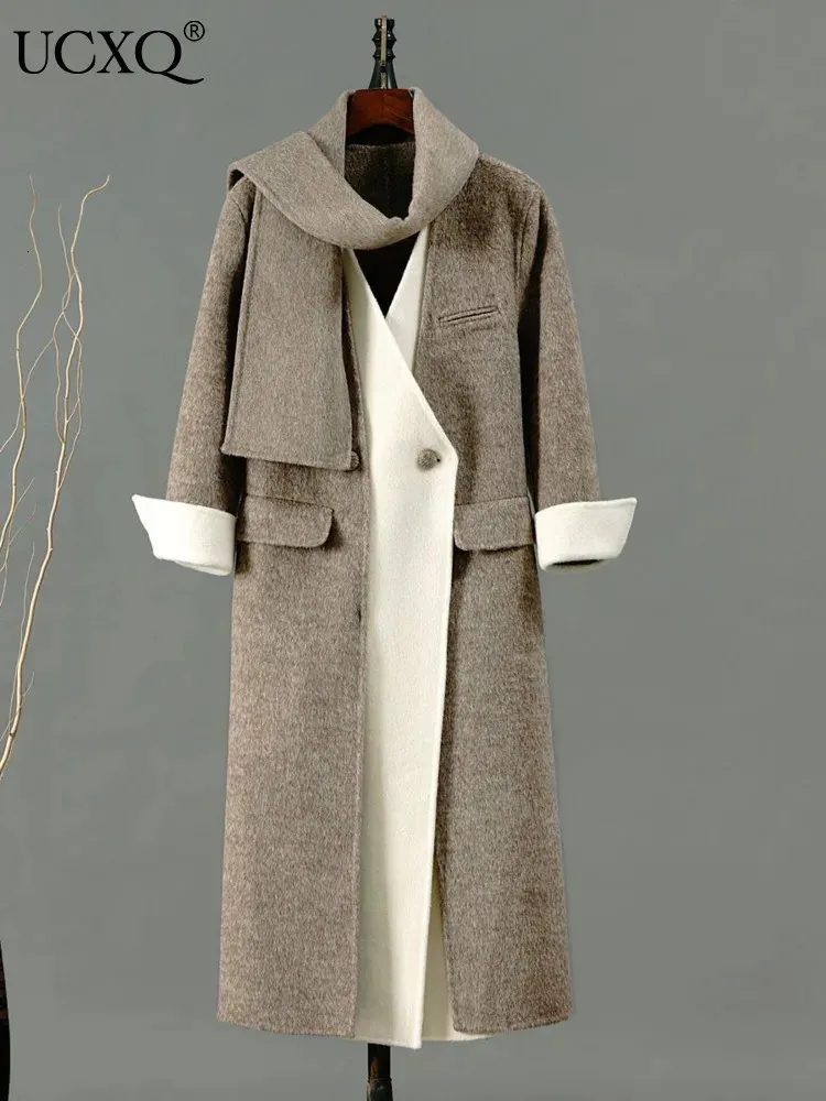 Женское кашемировое пальто из искусственного меха UCXQ, двустороннее кашемировое пальто, элегантное женское шерстяное пальто из искусственного меха из двух частей с шарфом, осень-зима 2023 23A4520 231122