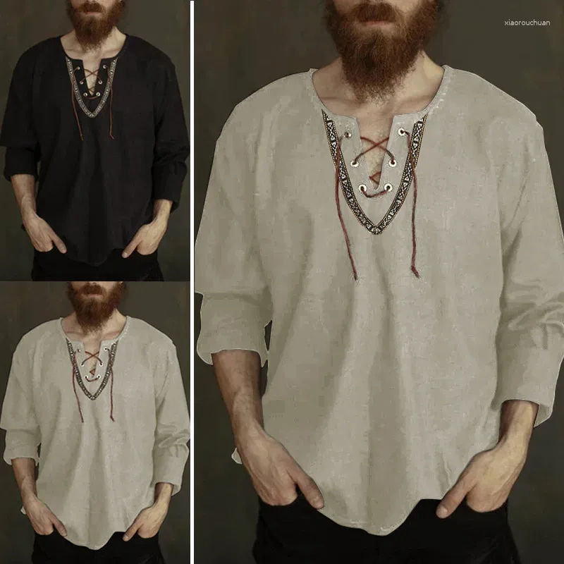 Mäns casual skjortor medeltida viking skjorta tunn vintage pullover mode långärmad andas andas fram camisas de hombre