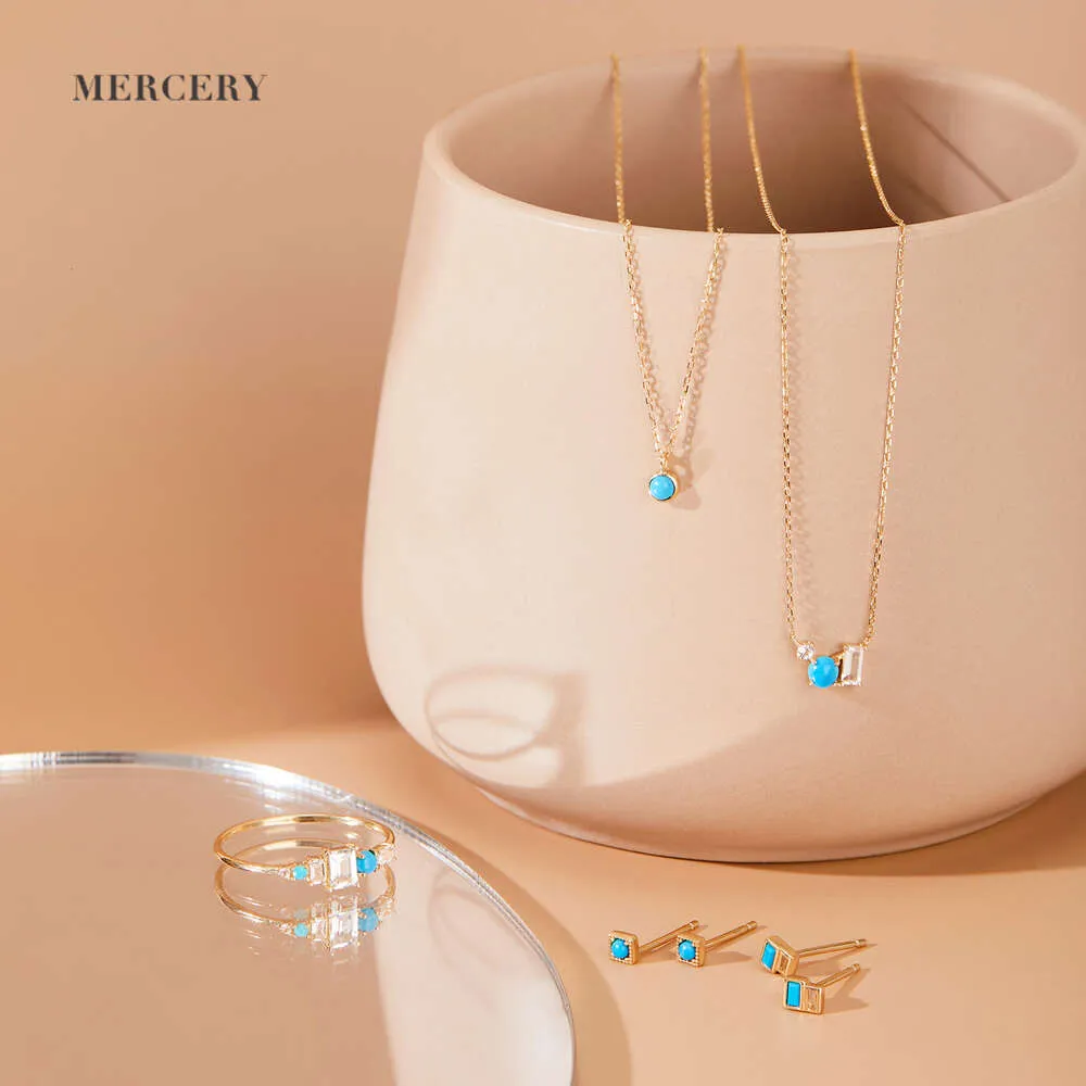 Mercery Summer Fashion Natural Turquoise 14k Real Gold Pendant Halsband Kvinnor Fina smycken