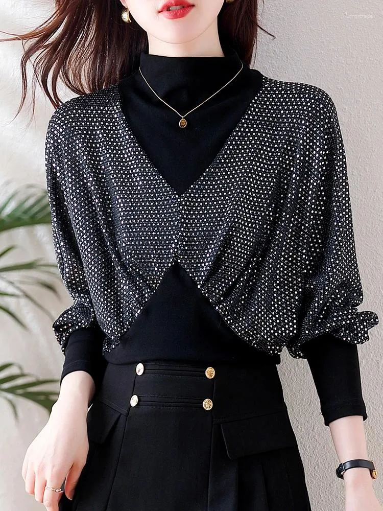 Women's T Shirts S-XXXL Designer Fashion Sequins T-Shirts Long Sleeve Batwing Slim Waist Loose Casual Tops Black Pullovers