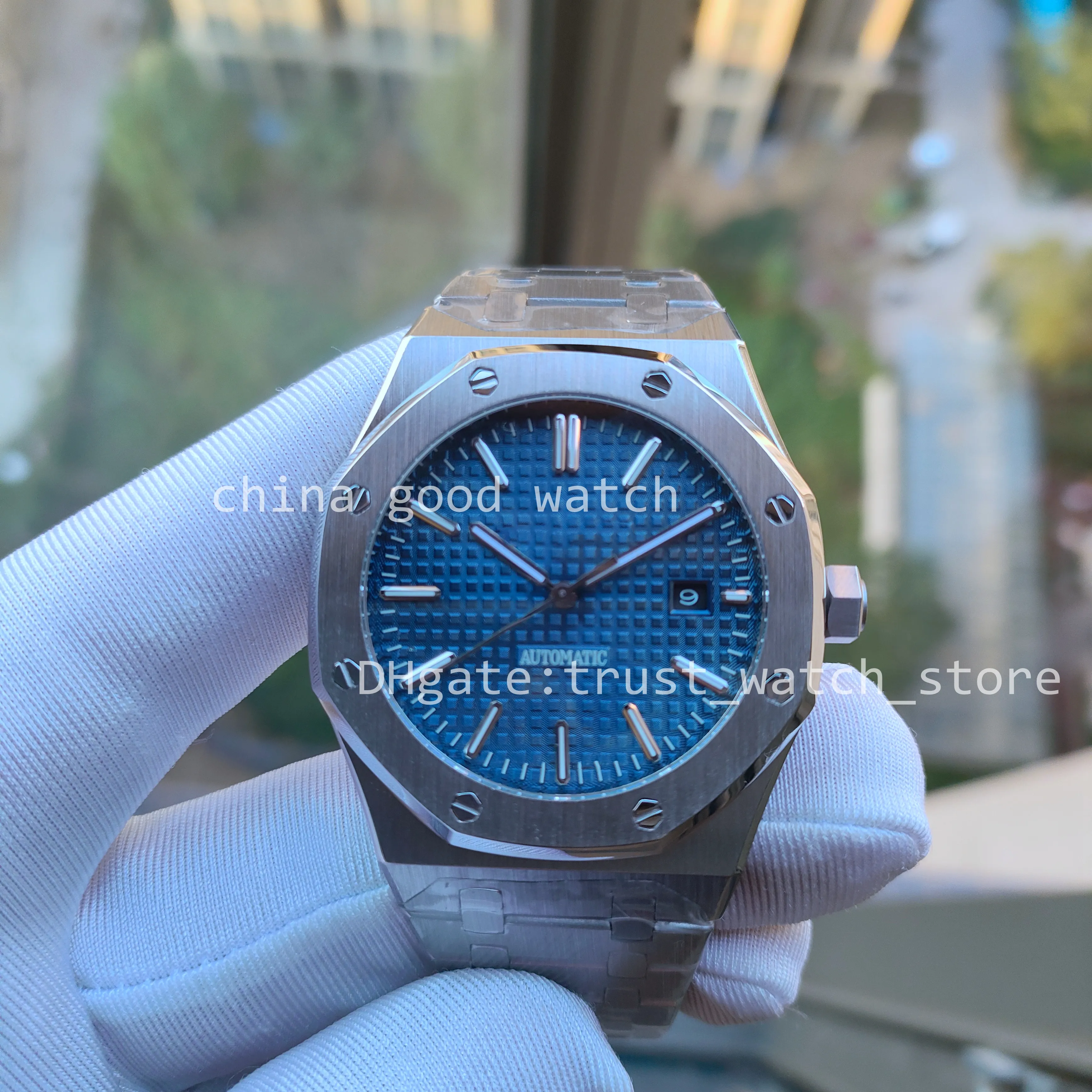 Uhr der automatischen mechanischen Herrenuhren U1f Factory, blaues Zifferblatt, klassisches 41-mm-Edelstahlarmband, transparente Rückseite, Armbanduhren, Saphirglas, mit Originalverpackung