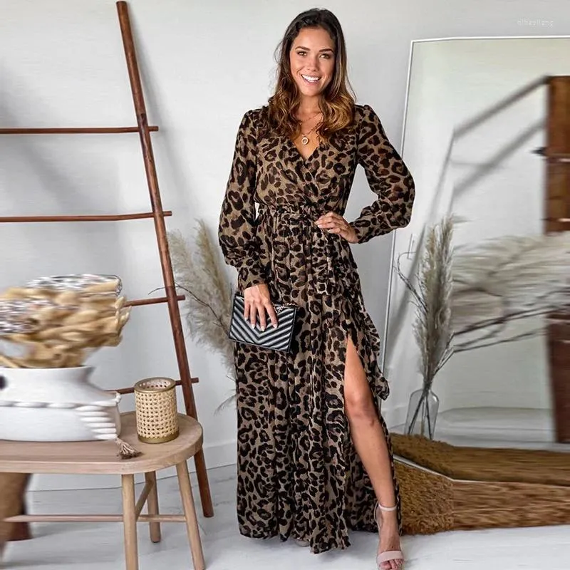 Sukienki swobodne Autumn Sexy Woman Leopard Print Dress Party Long Rleeve Vintage Midi Ubrania do mody kobiety ubrania 2023