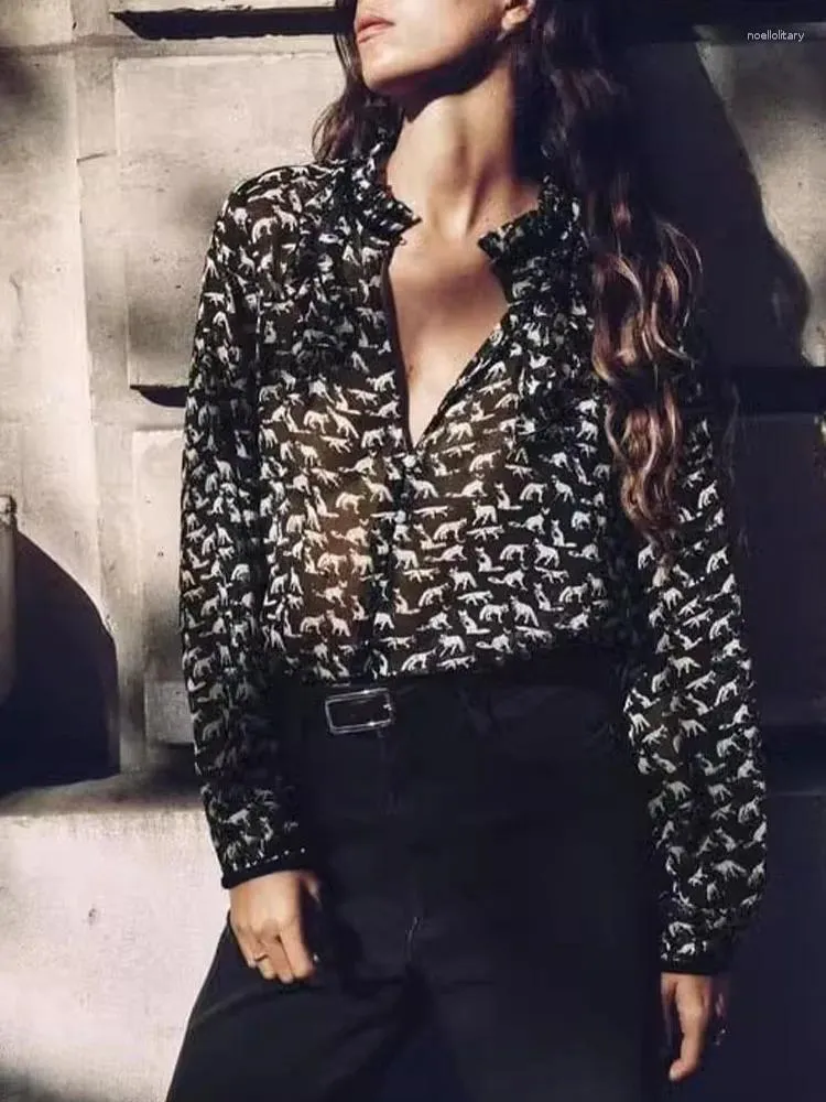 Kadın bluzları zach aiisa sonbahar mizaç üst tasarım stand-up yaka dikiş kadife metalik iplik retro baskılı gömlek