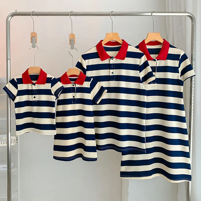 Family Matching Outfits Summer Tourism Parentchild Dress For A Family Of Three Westernized Motherdaughter Striped Polo Dress Tshirt Holiday 230421