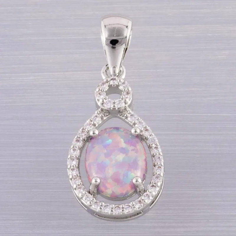 Anhänger Halsketten KONGMOON 8x10mm Oval Lavendel Lila Feueropal Cabochon CZ Versilbert Schmuck Für Frauen Halskette