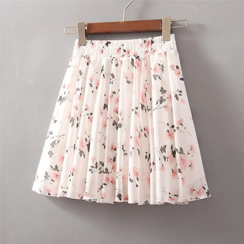 Womens Floral Chiffon Mini Skirt High Waist A Line Elastic