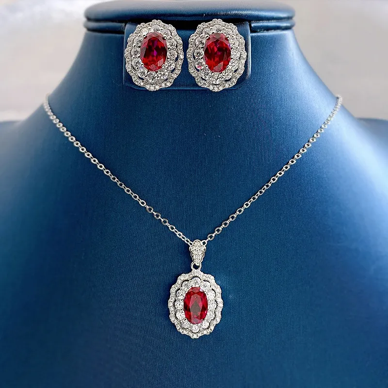 Real 925 Silver Red Ruby & Diamond Ring Pendant Necklace  Stamped 925 Silver Red Ruby & Diamond Ring 7, Pendant Necklace & Earring Set display picture 1