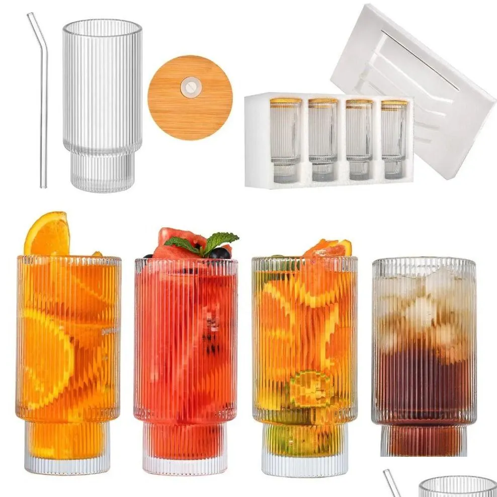 Vinglasglas Ribbed Glasre 11oz Vintage Drinking Stapelbar Highball Origami Style Glass Cup Romantic Water Cups Beverage JuiceBeer C DHG3I