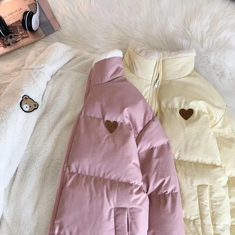Women's Trench Coats Cute Embroidery Parkas Coat Women Winter Korean Fashion Thick Loose Warm Jacket Double Sided Design Pink Student