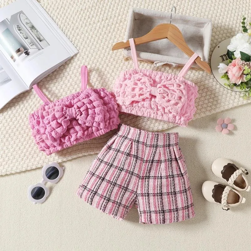 Clothing Sets Toddler Kids Girls Summer Stylish Outfit Bubble Cami Tops With Big Bowknot And Plaid Shorts 2Pcs Clothes Set 6Months-4Years
