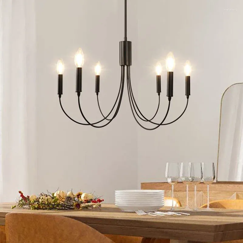 Candelabros American Pastoral Retro Negro Hierro Vela Mesa Araña Decoración del Hogar Dormitorio Sala Comedor Estudio 6 Cabezas Lámpara Colgante