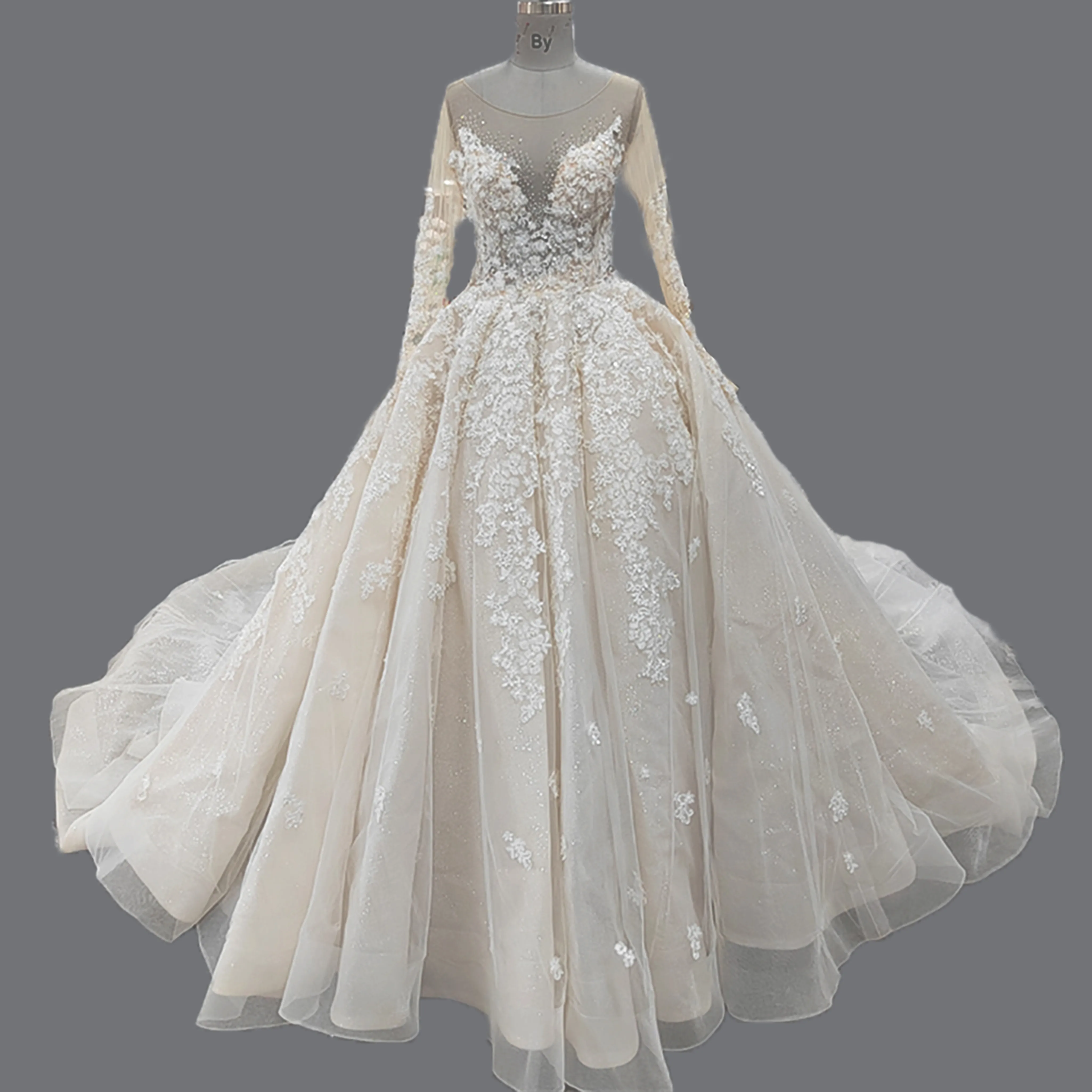 Abiti da sposa di applique di pizzo di cristallo con perline fatti a mano a maniche lunghe di alta qualità all'ingrosso della fabbrica per abiti da sposa