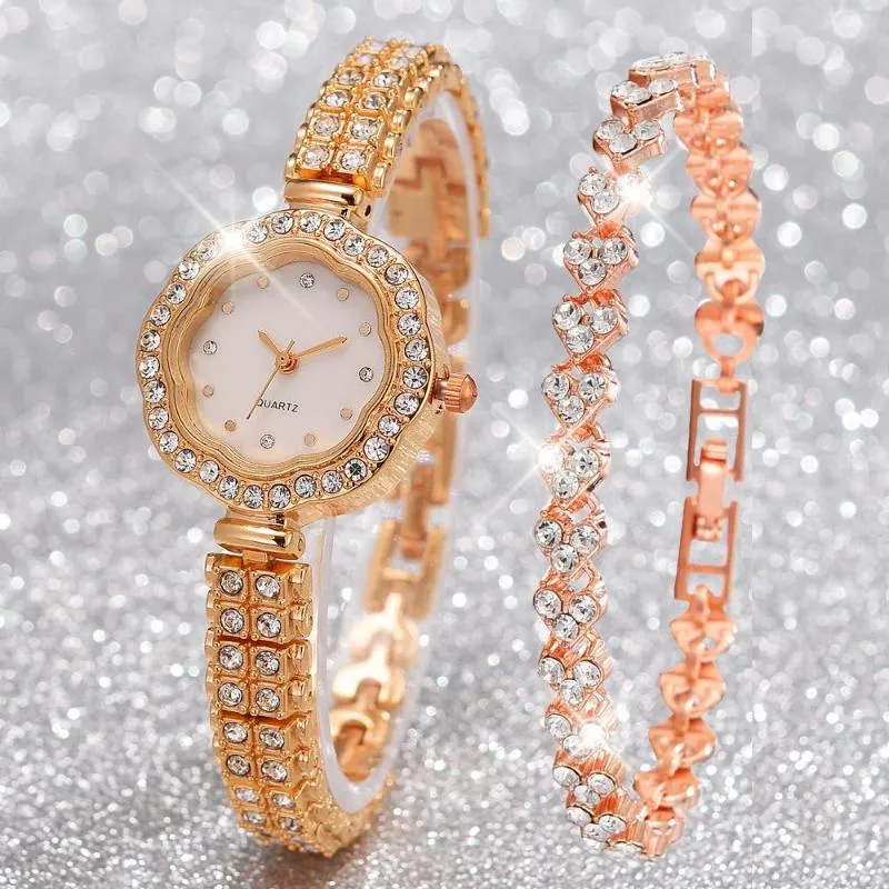 Montres-bracelets 2 pièces ensemble de luxe mode femmes montre alliage Bracelet dames Quartz montre-Bracelet strass Bracelet pour cadeau