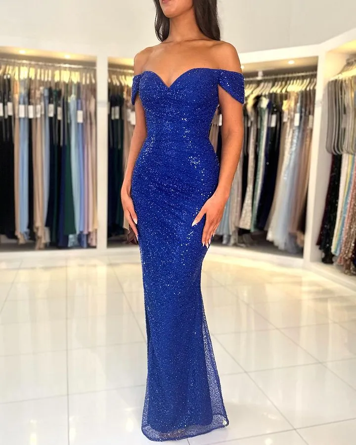 Royal Blue Sparkly Mermaid Evening Dreess Off Should Squined Sweep Train 형식 OCNS 생일 파티 Prom Celebrity Gowns Second Reception Dress