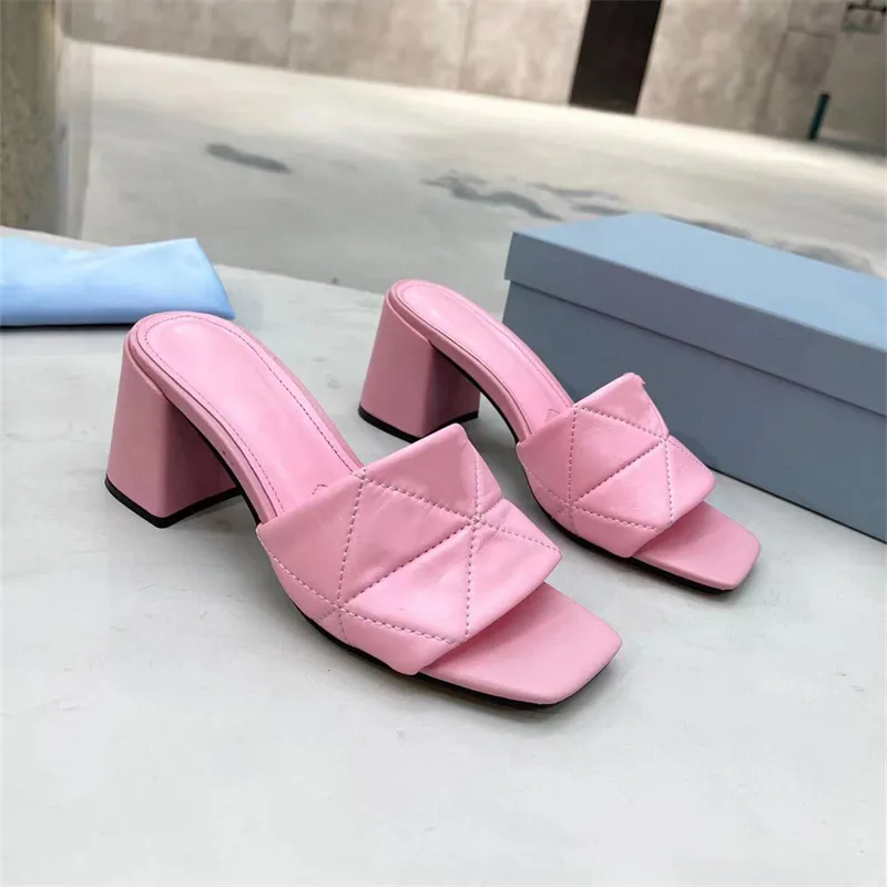 Designer ladies high heel slippers leather sexy summer chunky heel sandals fashion sexy banquet shoellace box size 35-43 Heel 7CM