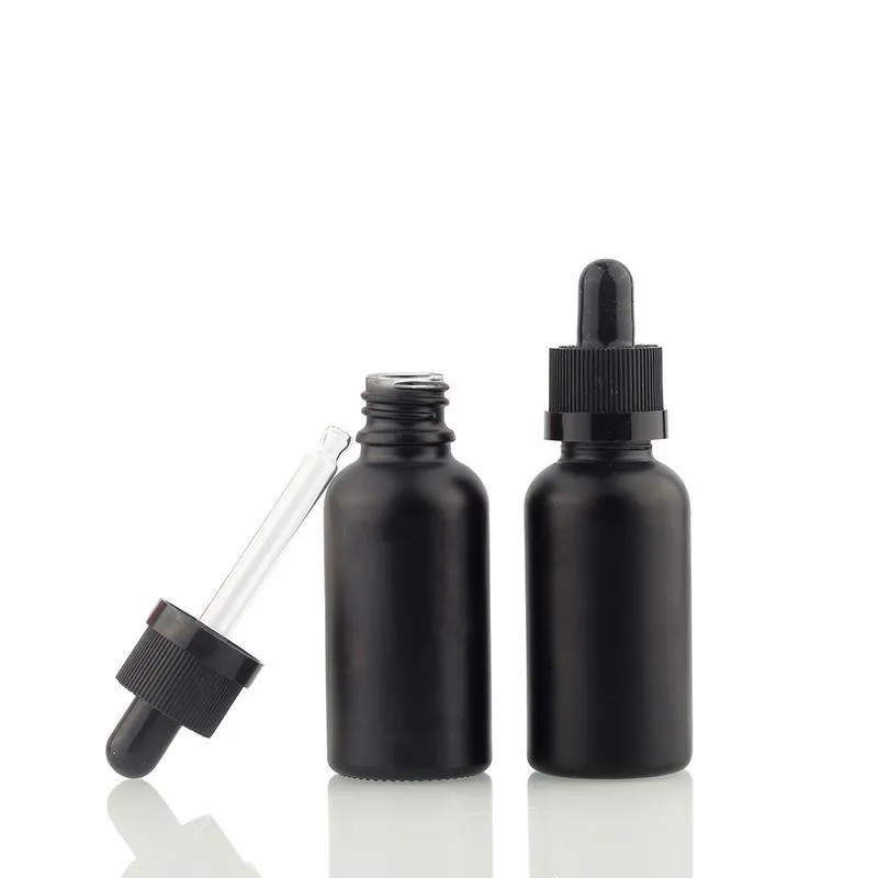 Botellas de perfume de aceite esencial de vidrio esmerilado negro e botella cuentagotas de pipeta de reactivo líquido de 5 ml a 100 ml Scdac