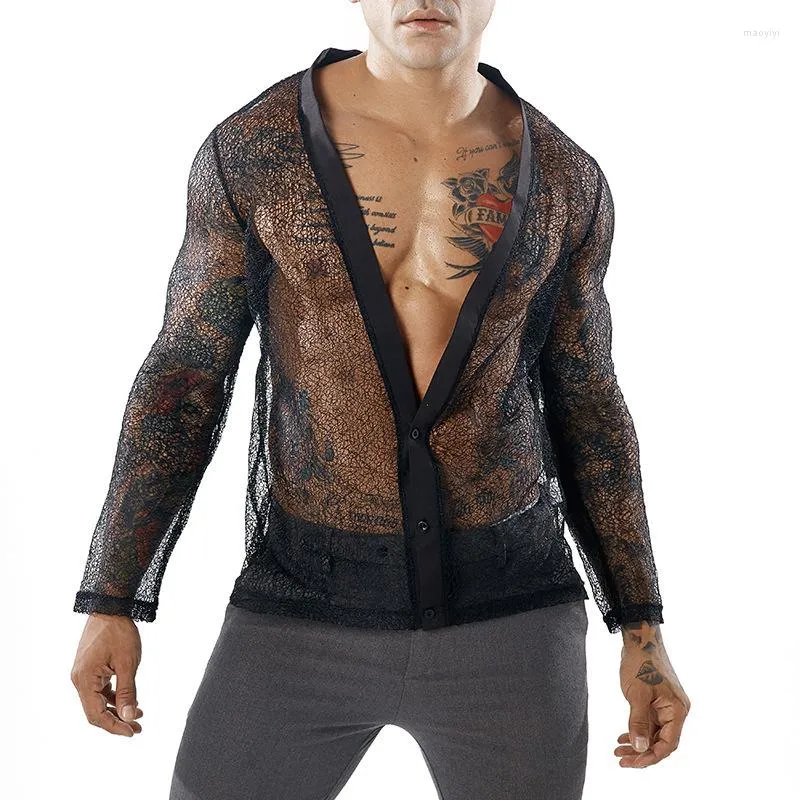 Men's T Shirts Mens Long Sleeve See Through Mesh Sheer Hippy Party Clubwear Tee Tops Shiny Exotic Shirt Sex Costumes Undershirts