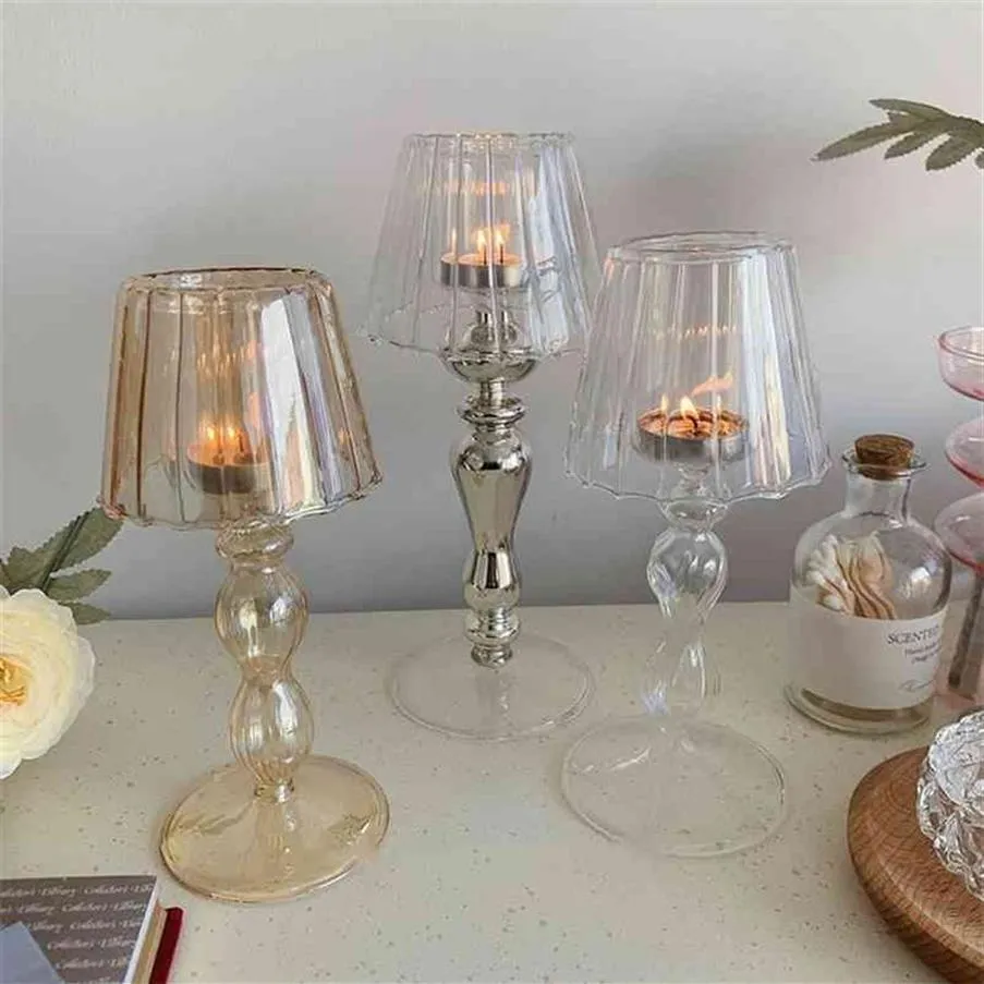 Rétro lampe de Table forme rayure verre bougeoir romantique décoration de la maison ornements Ins Style café personnalité chandelier 210722245J