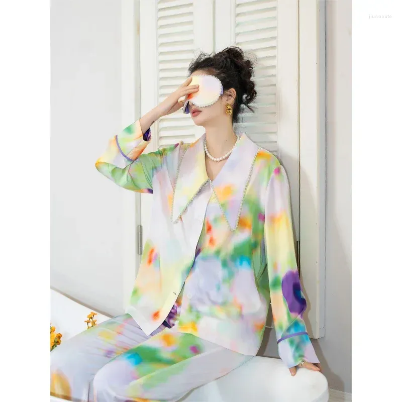 Женская пижама с акварельной росписью Dream, двухсекционная пижама с длинными рукавами, весна и осень, инкрустированная бриллиантами