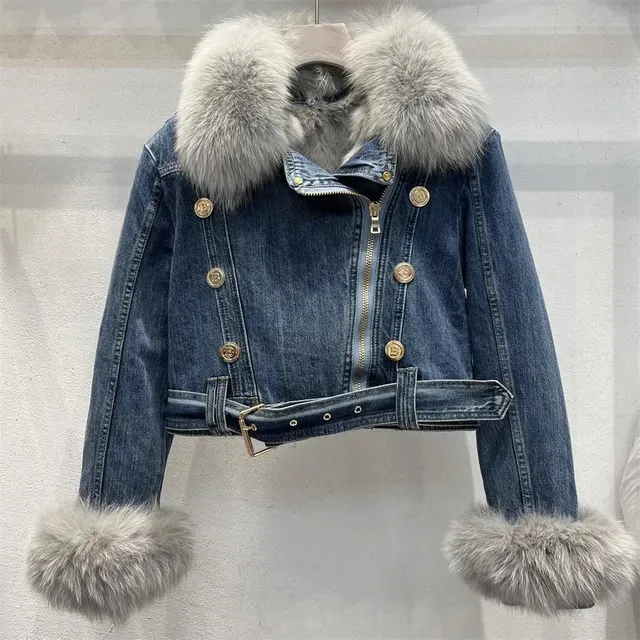 Womens Fleece Lined Denim Jacket Warm Winter Coat With Fur Hood With Fox  Fur Collar And Western Style Personality Style 231121 From Huo01, $101.32