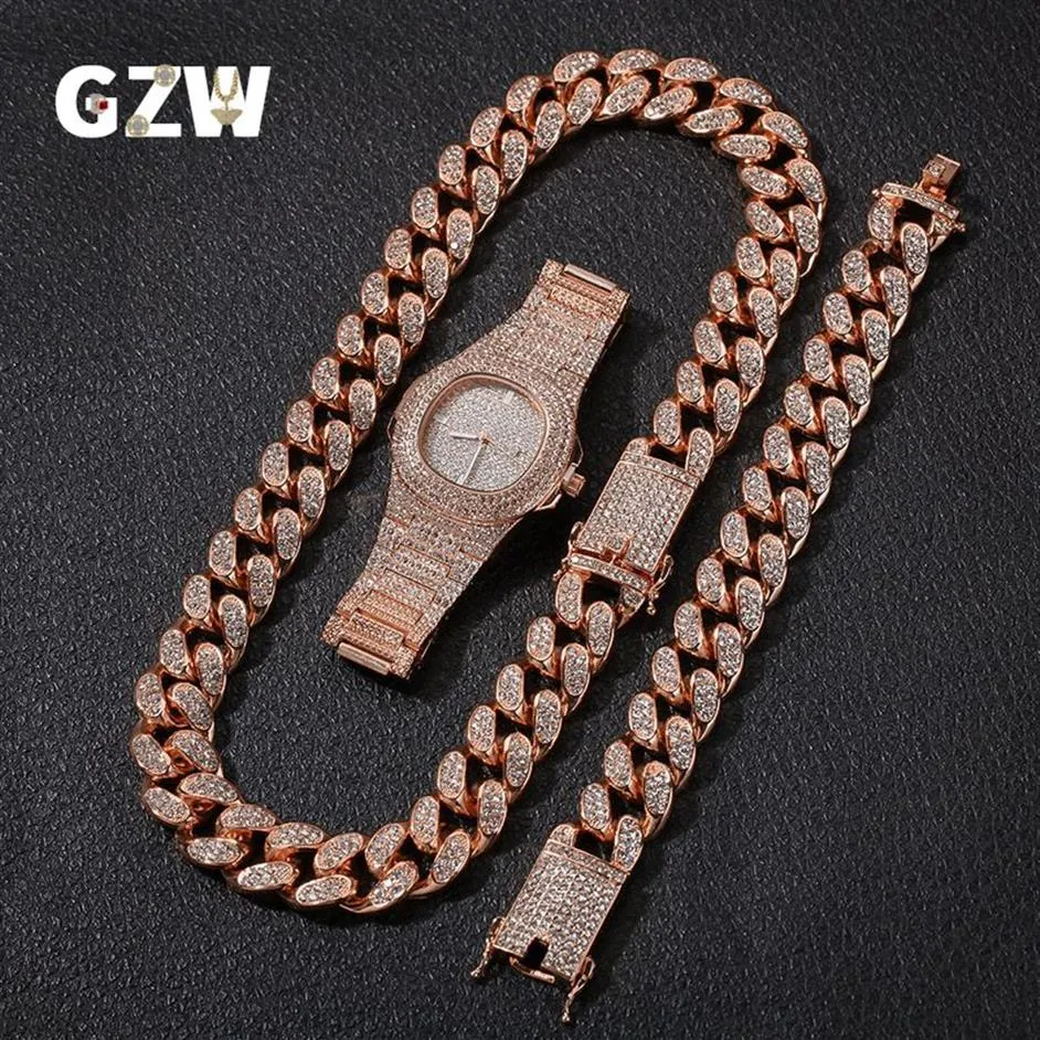 Nueva moda personalizada 20 mm oro Blingbling para hombre cadena de eslabones cubanos collar pulsera reloj conjunto Hip Hop rapero joyería regalos para M265y