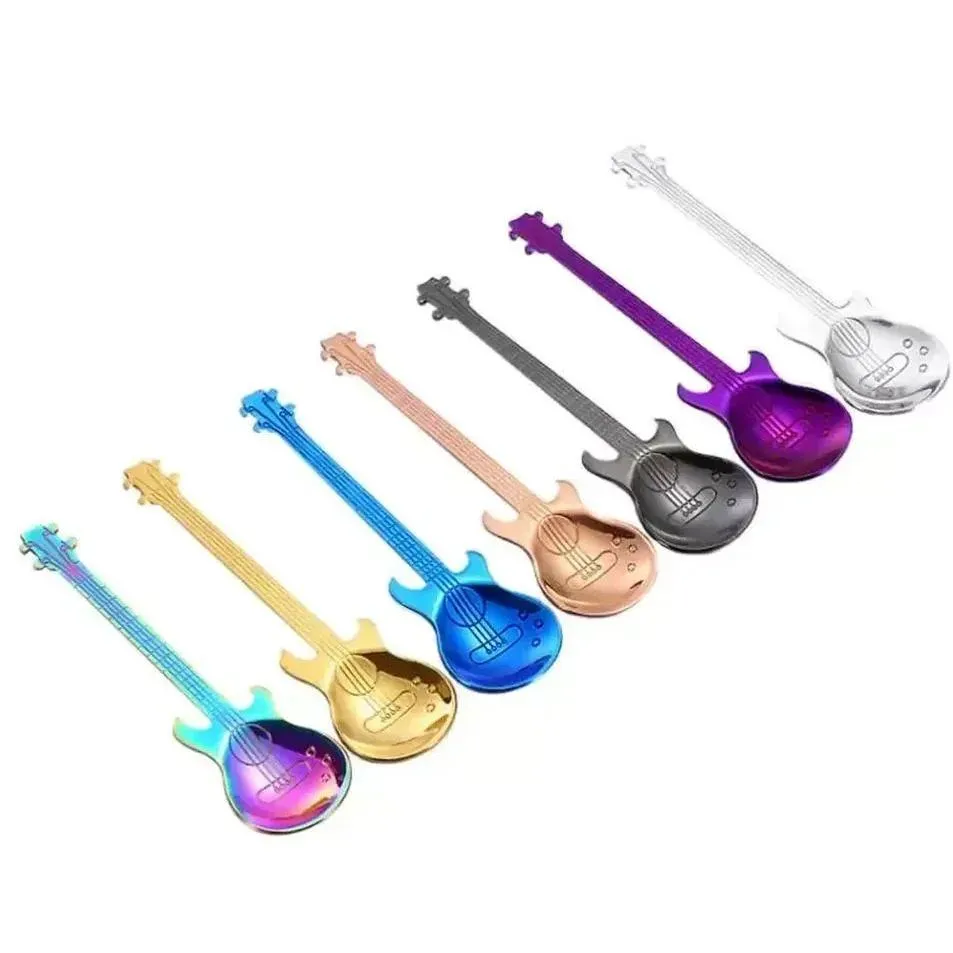 Spoons Stainless Steel Coffee Guitar Violin Shape Dessert Spoon Stirring Lovely Titanium Plated Ice Scoop Drop Delivery Home Garden Dhibr