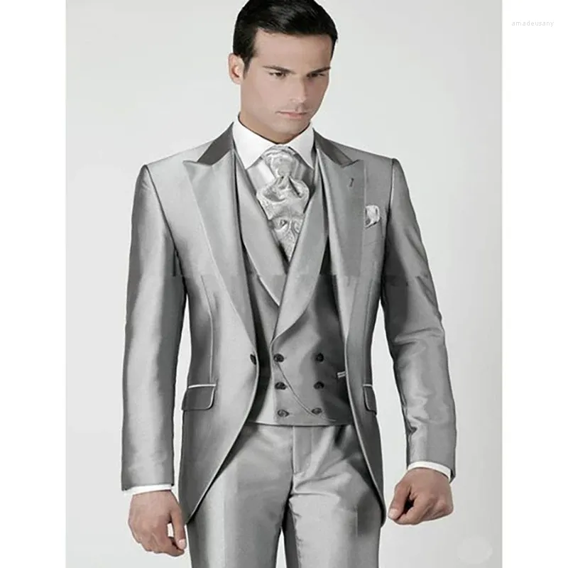 Mäns kostymer Satin Gray Blazer Terno Hombres Single Breasted Peaked Lapel Formal Wedding Luxury Three Piece Jacket Pants Vest