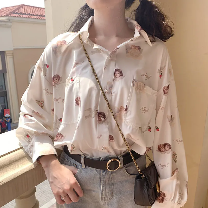 Women's Blouses Shirts Harajuku Angel Print Womens Vintage Elegant Blouse Women Autumn Lantern Sleeve Female Clothes Loose BF 230421