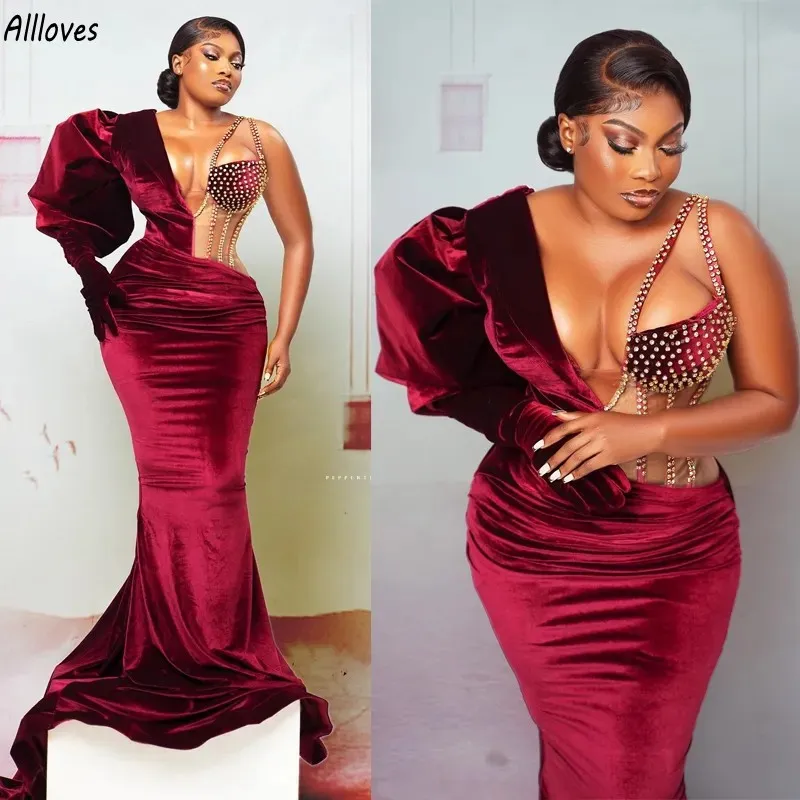 Arabski Aso Ebi Ebi Burgundy Velvet Evening Evening Sukienki Syrenka Sekiny Unikalne puff rękawy długie suknie imprezowe Plus Kobiety Kobiet Formalne okazja Vestidos Cl2959