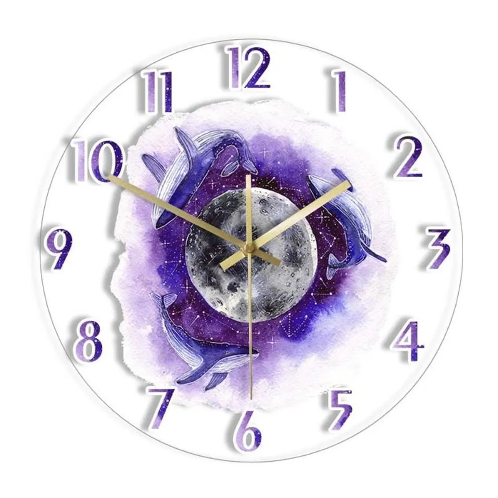 Horloges murales Baleines à bosse avec la lune Horloge acrylique imprimée Violet Fantasy Artwork Montres pour salon Quartz silencieux250J