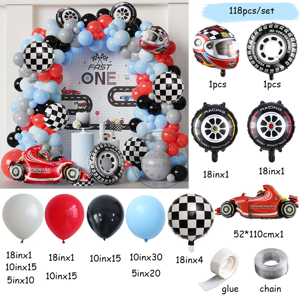 Décoration de fête 1 Set Voiture De Course Thème Ballon Garland Arch Kit  Pneu Casque Feuille Globos Enfants 1er Anniversaire Garçons Baby Shower  Favor