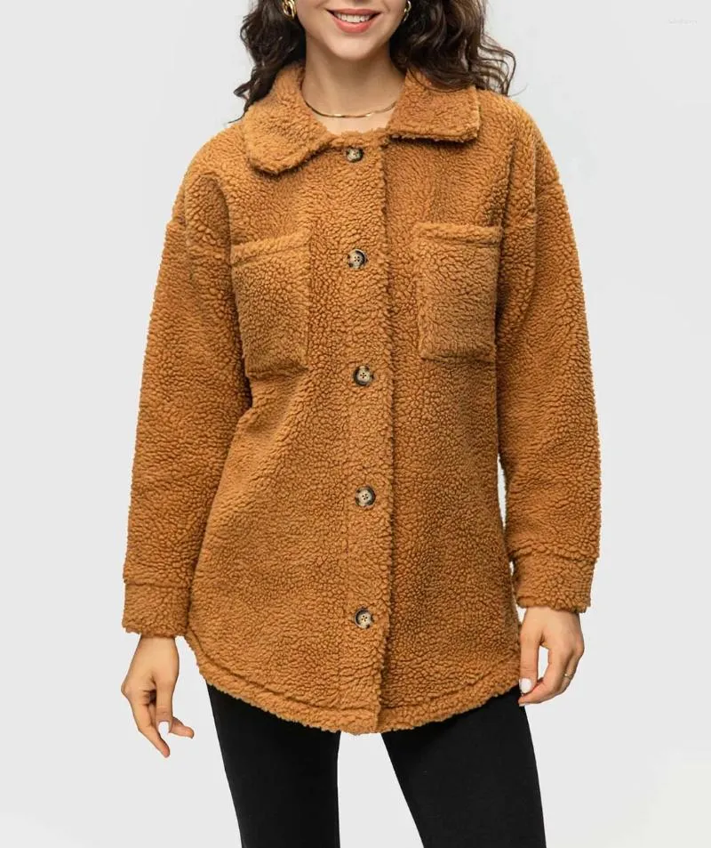 Damesjassen FASHIONSPARK Teddybeer Fleece Reversjack Flanel Fuzzy Sherpa Lange mouw Casual winterjas Overhemd met knopen