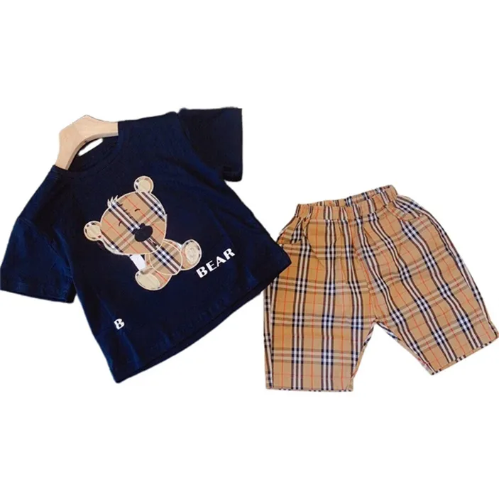 2023 Baby Abbigliamento per bambini Designer Boy set camicia a quadri Ragazza plaid con cappuccio Abito moda Set di abbigliamento Kids Summer Pantaloncini a manica corta set 90-160CM W2