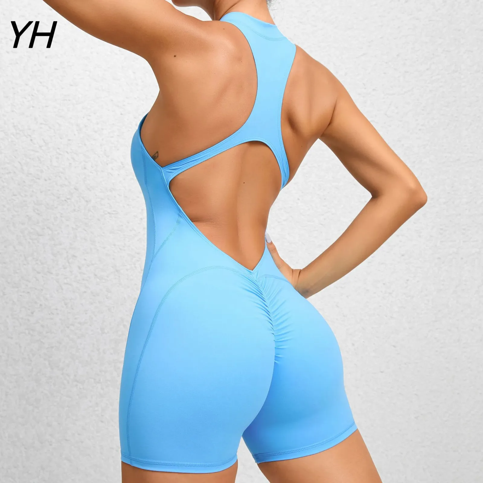 Yoga-outfit 2023 Pad mouwloos vest Oefening crop-set jumpsuit Dames Sport Gym Workout Fitness Scrunch Shorts Actieve rompertjes 231121