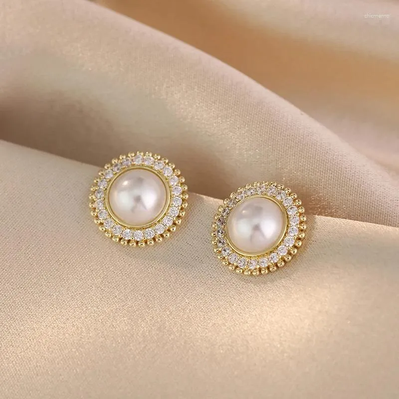 Stud Earrings Japanese And Korean Fashion Simple Round Imitation Pearl Zircon Women Wear Jewelry In Daily Life