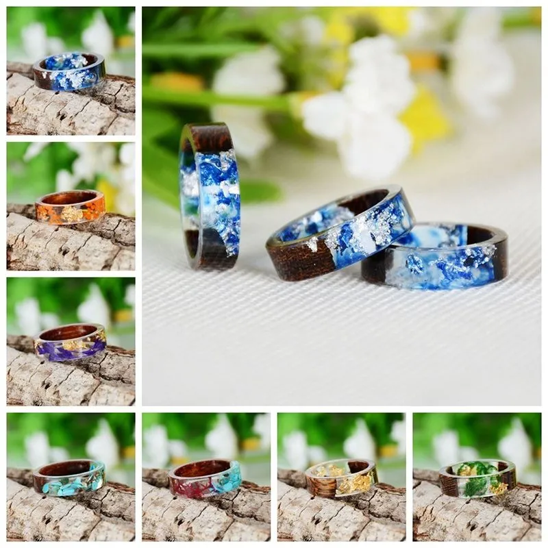 Wood Resin Ring Transparent Epoxy Resin Ring Fashion Handmade Dried Flower Wedding Jewelry Love Ring for Women