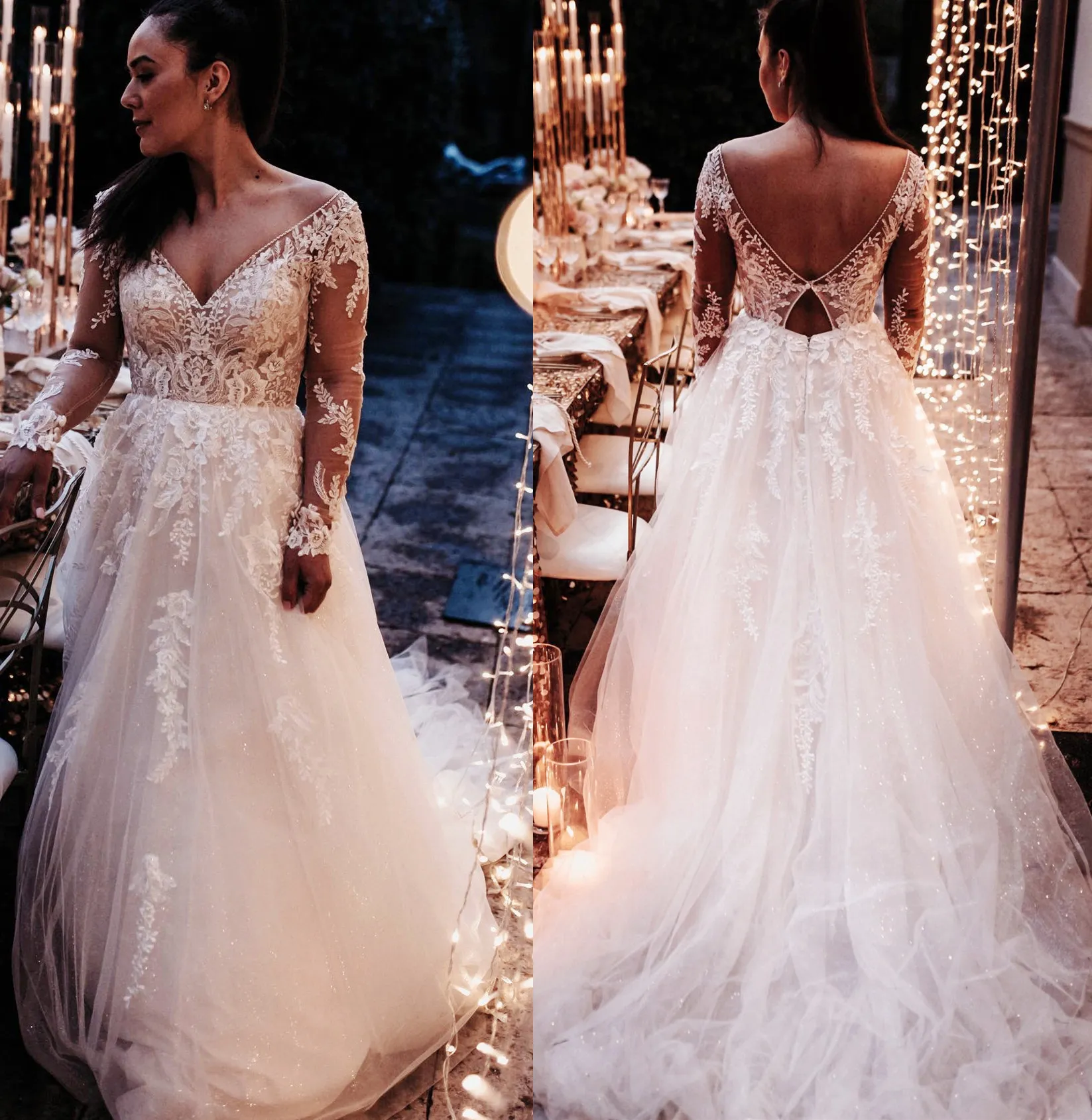 beaded dress size 12 See Through Beaded Floral Lace Long Sleeve Boho Wedding Dresses,MW269 –  Musebridals main image 1