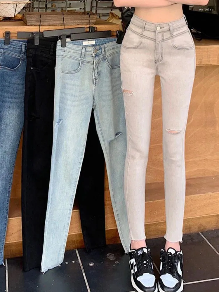 Jean femme trou taille haute Beige décontracté élastique pieds maigres pantalon 2023 vêtements de mode coréenne