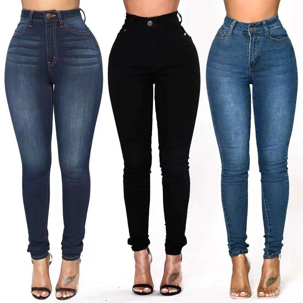 Jeans femininos preto mulheres outono casual alta elasticidade magro denim lápis calças mulher moda magro cintura atacado marca designer