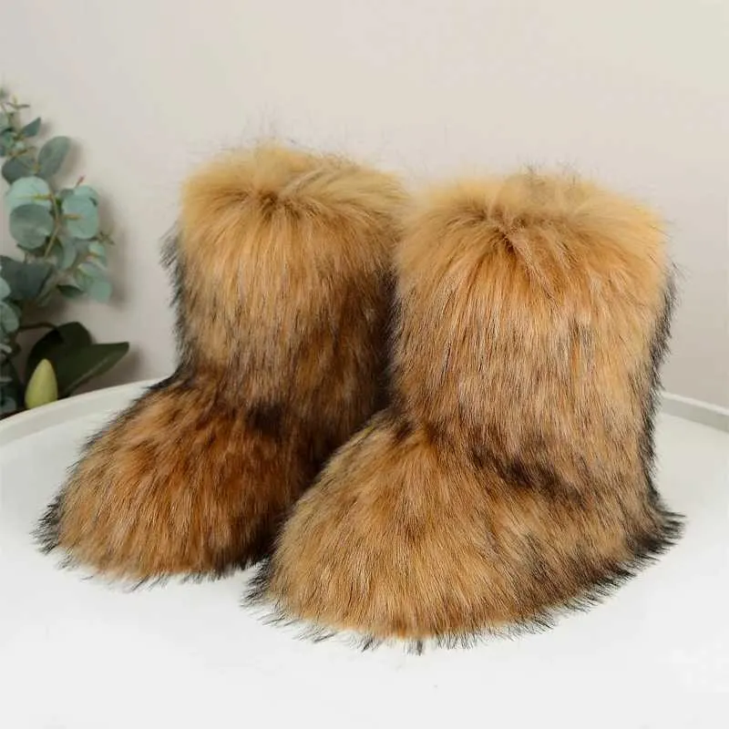 Winter Fuzzy Y2K Shoes Furry Shoes Fluffy Fur Snow Boots for Women Plush Lining Slip-on Rubber Flat Outdoor Warm Ladies Footwear