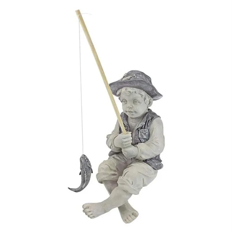 Décorations de jardin Statue Gone Fishing Boy Ornements Résine Pêcheur avec tige Figurine Sculpture pour piscine étang Yard295M
