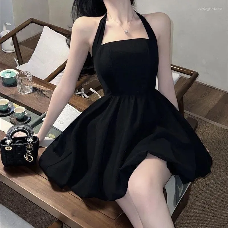 Robes décontractées MEXZT Y2K Mini robe noire femmes sexy licou mince une ligne jarretelle été coréen sans manches élégant robe d'été robes