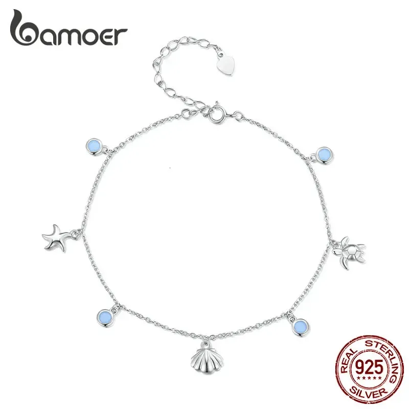 Anklets 925 Sterling Silver Seastar and Shell Pendant Anklet Simple Chain Foot Jewelry for Women Platinum Plated Summer Jewelry 231025