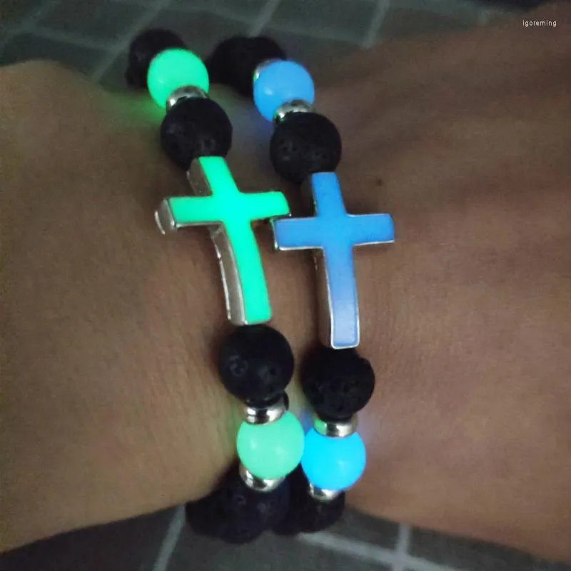 Strand Wishing Cross Luminous Bracele Glow In The Dark Volcanic Stone Retro Bracelet Fashion Beads Bracelets Jewelry For Men Women Gift