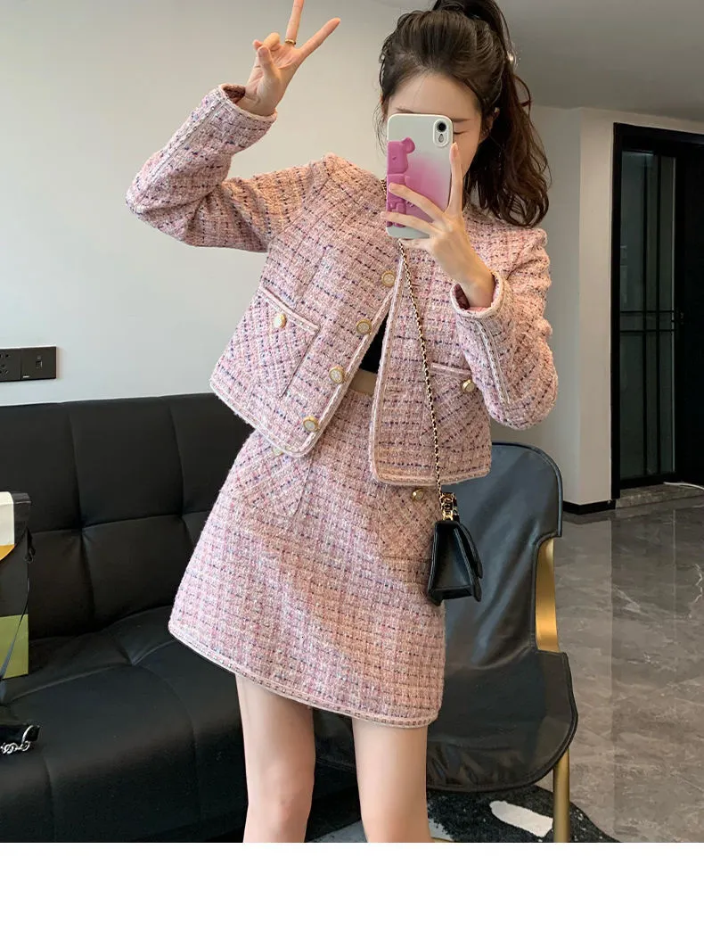 Elegant Tweed Short Jacket & Mini Skirt Set: Vintage Pink Crop Top