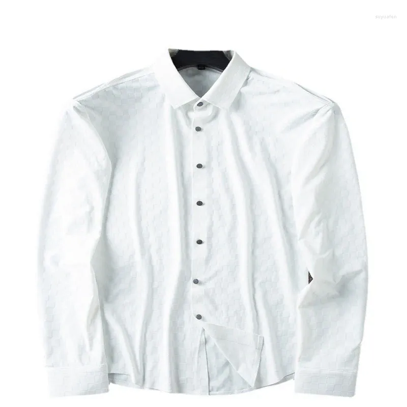 メンズカジュアルシャツアイスシルクスリップ - 夏の薄いワッフルホワイトシャツ長袖スリムフィットビジネスマン
